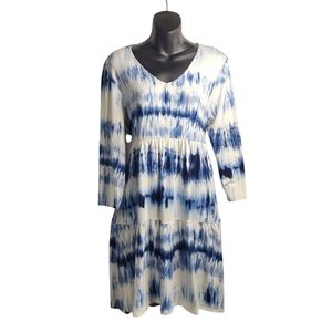 Simply Obsessed Dress Blue White Tie-dyed 3/4 Sleeves V-Neck Stretch Sz L NWT